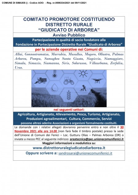COSTITUZIONE DISTRETTO RURALE “GIUDICATO DI ARBOREA” – AVVISO ADESIONE COMPONENTE PRIVATA.