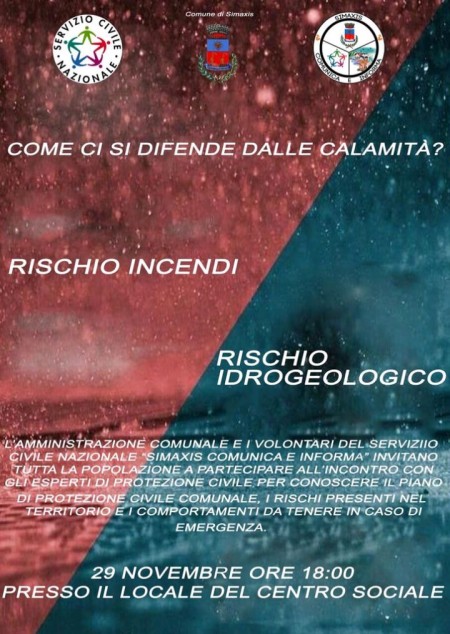 "COME CI SI DIFENDE DALLE CALAMITA'" - INCONTRO INFORMATIVO CON LA POPOLAZIONE VENERDI' 29 NOVEMBRE ORE 18:00 PRESSO IL CENTRO SOCIALE
