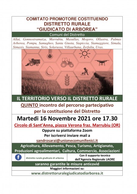 COSTITUZIONE DISTRETTO RURALE “GIUDICATO DI ARBOREA” – QUINTO INCONTRO DEL PROCESSO PARTECIPATIVO CON IL SUPPORTO DELL'AGENZIA REGIONALE LAORE E PARTECIPAZIONE FUNZIONARI ASSESSORATO REGIONALE AGRICOLTURA