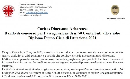 Caritas Diocesana Arborense  - Bando di concorso per l’assegnazione di Contributi allo studio 2021