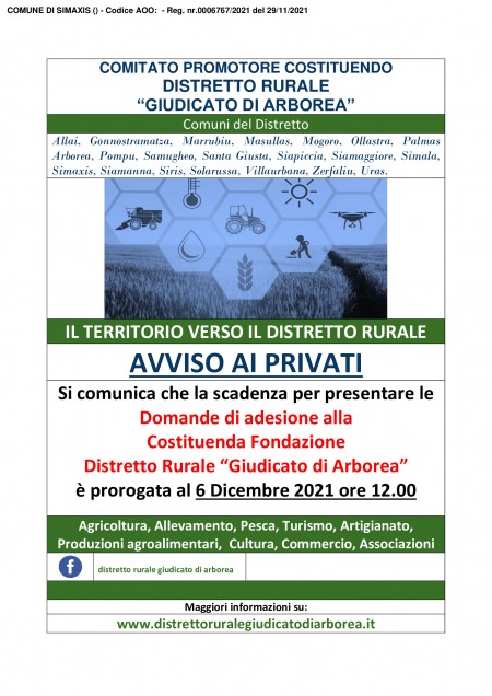 COSTITUZIONE DISTRETTO RURALE “GIUDICATO DI ARBOREA” ADESIONE PRIVATI PROROGA DOMANDE DI ADESIONE IN QUALITÀ DI SOCI DELLA COSTITUENDA FONDAZIONE “DISTRETTO RURALE GIUDICATO DI ARBOREA”.