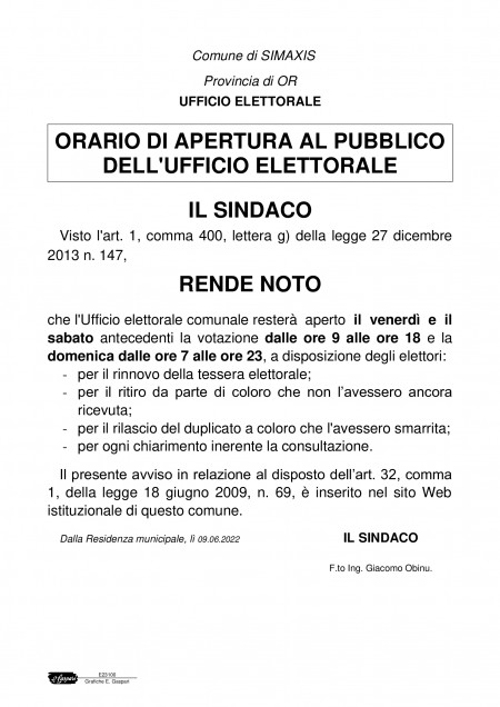 APERTURA AL PUBBLICO DEGLI UFFICI COMUNALI PER RILASCIO TESSERA ELETTORALE