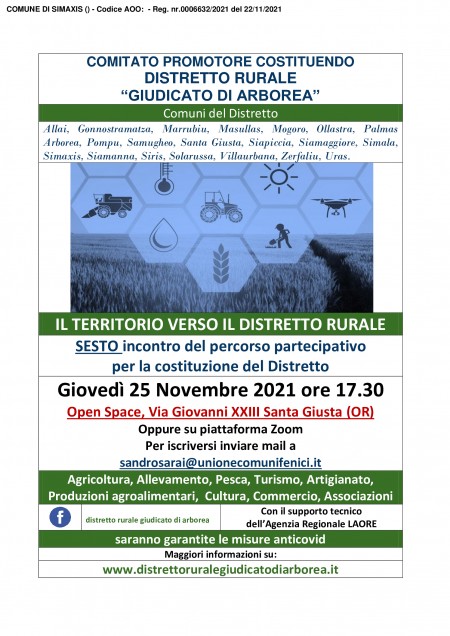 COSTITUZIONE DISTRETTO RURALE “GIUDICATO DI ARBOREA” – SESTO INCONTRO DEL PROCESSO PARTECIPATIVO CON IL SUPPORTO DELL'AGENZIA REGIONALE LAORE E PARTECIPAZIONE FUNZIONARI ASSESSORATO REGIONALE AGRICOLTURA