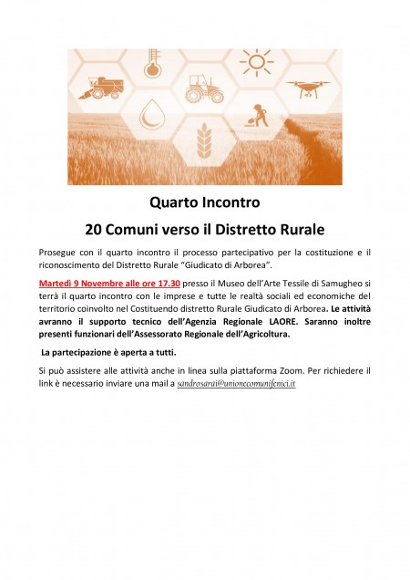 COSTITUZIONE DISTRETTO RURALE "GIUDICATO DI ARBOREA" – QUARTO INCONTRO DEL PROCESSO PARTECIPATIVO CON IL SUPPORTO DELL'AGENZIA REGIONALE LAORE E PARTECIPAZIONE FUNZIONARI ASSESSORATO REGIONALE AGRICOLTURA