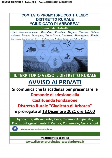 COSTITUZIONE DISTRETTO RURALE “GIUDICATO DI ARBOREA” ADESIONE PRIVATI SECONDA PROROGA DOMANDE DI ADESIONE IN QUALITÀ DI SOCI DELLA COSTITUENDA FONDAZIONE “DISTRETTO RURALE GIUDICATO DI ARBOREA”.